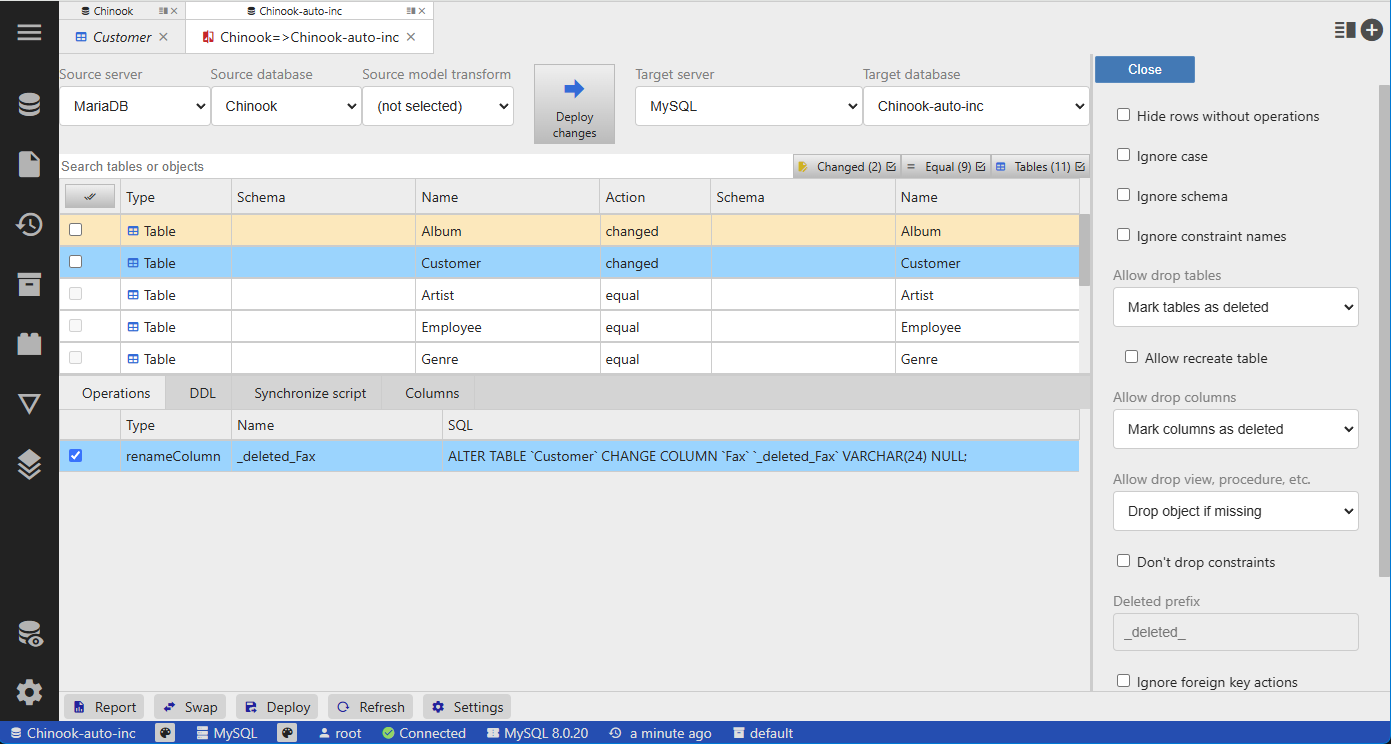 DB compare settings