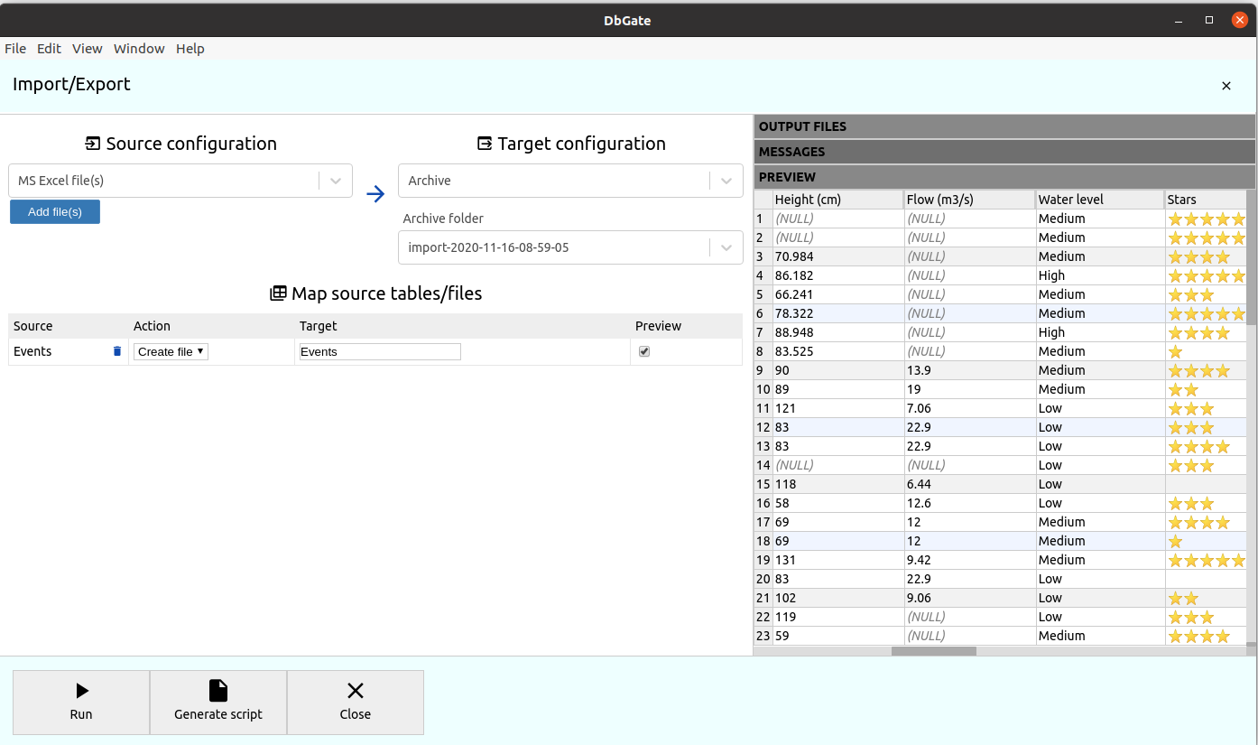 Preview of imported MS Excel file