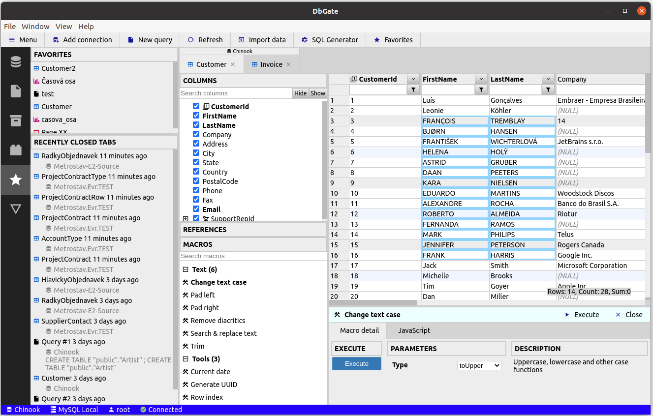 Macros in table data editor