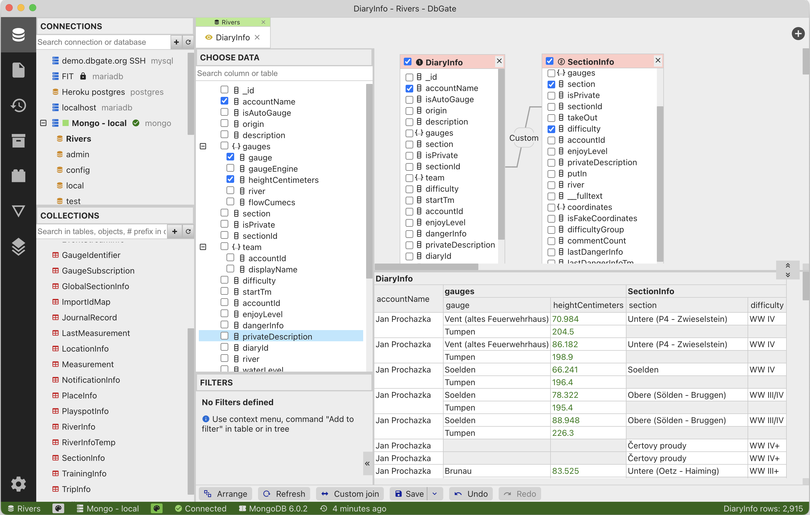 Perspective query builder with MongoDB database