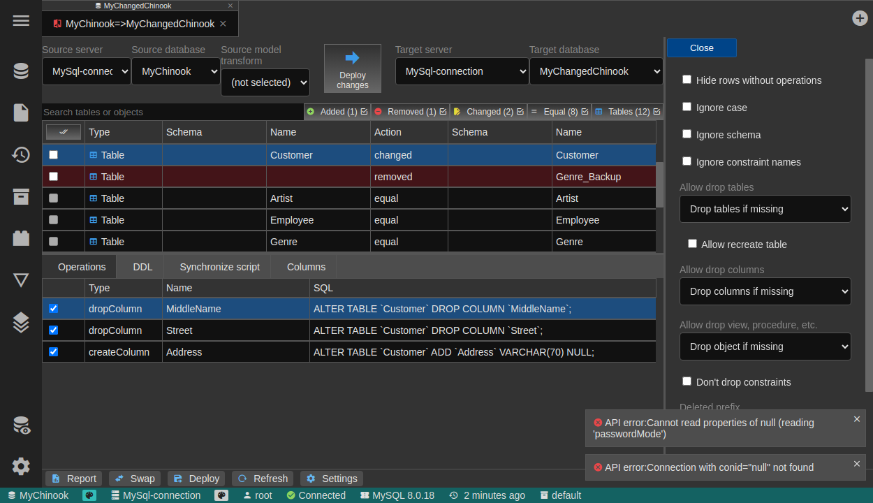 DB compare settings