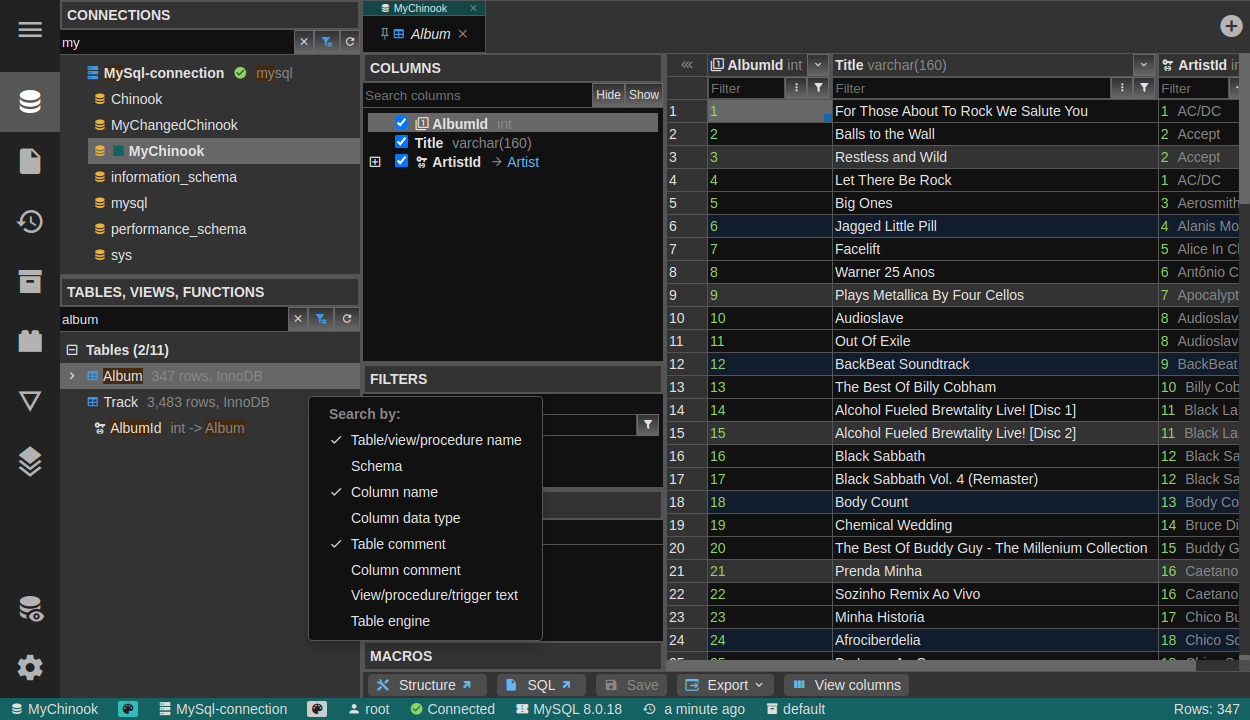 Search in connections and databases