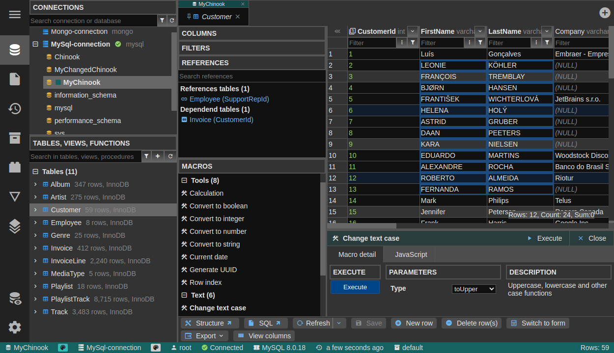 Macros in table data editor