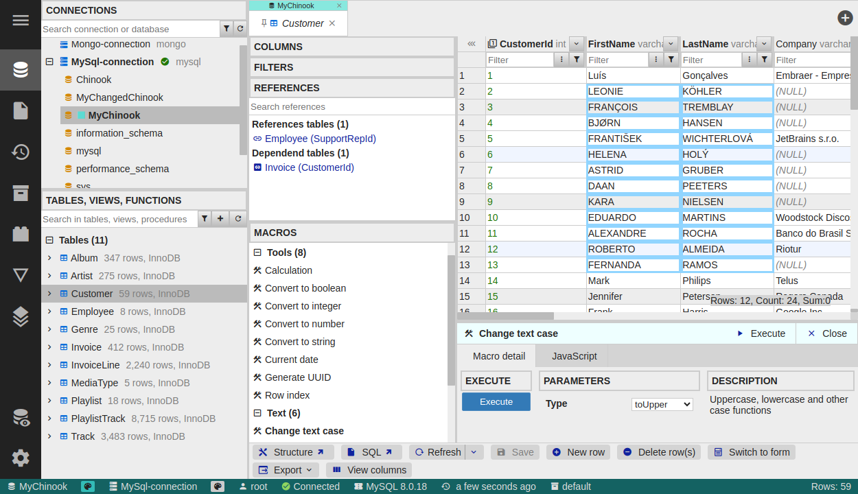 Macros in table data editor